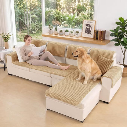 FUANGUI 2 Pack Waterproof Couch Cover for Dogs Pets Sofa Protector | Non-Slip Washable Fuzzy Soft Sofa Slipcover for 2 PCS L Shaped Sofa Pet Friendly, 27.6" x 59.1"+27.6" x 70.9",Khaki