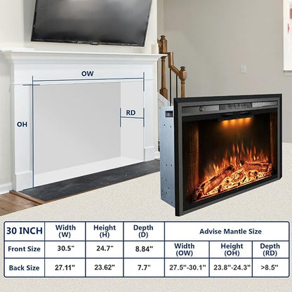 30 Inches Electric Fireplace Insert, 750W/1500W Fireplace Heater