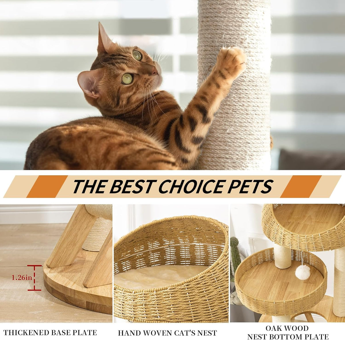 Big Modern Design Cat Tree Tower, Cat Tower Sisal-Covered Scratching Posts for Indoor Cats, Natural Oak Wood Cat Tree for Large Cats, Multi-Level Cat Condo with Sisal Staircase