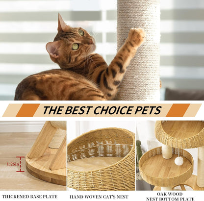 Big Modern Design Cat Tree Tower, Cat Tower Sisal-Covered Scratching Posts for Indoor Cats, Natural Oak Wood Cat Tree for Large Cats, Multi-Level Cat Condo with Sisal Staircase
