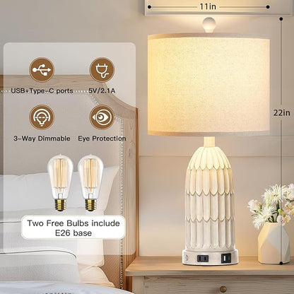 Farmhouse Table Lamps Set of 2, 3-Way Dimmable Touch Lamp for Bedroom Nightstand with USB A+C Ports & AC Outlet, White Vintage Boho Bedside Lamp for Living Room End Table (Bulbs Included)