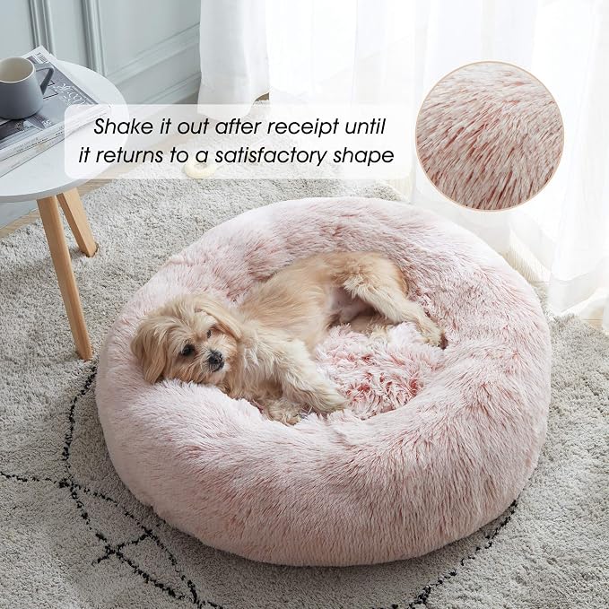 Western Home Calming Donut Small Medium Pet Dog Bed Washable,27" Pink | Fluffy Faux Fur Round Cuddler,Anti-Anxiety,Anti-Slip Bottom,Plush Pet Dog Beds for Small Medium Sized Dogs,Up to 35 LBS