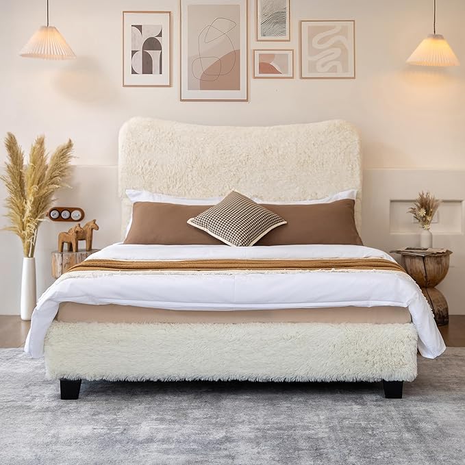 Brafab Queen Bed Frame with Headboard, Boho Fluffy Boucle Cloud Upholstered Platform Bed with Soft Rounded Corners and Wooden Slats, No Box Spring Needed, Noise Free, Easy Assembly, Beige