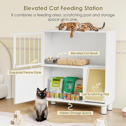 Metal Cat Feeding Station, Dog Proof Cat Feeding Station, Pet Food Storage | Cat Food Table, Raised Bowls for Indoor Cats, Elevated Food Bowls with Stand, Cat House with Scratching Board, Metal White