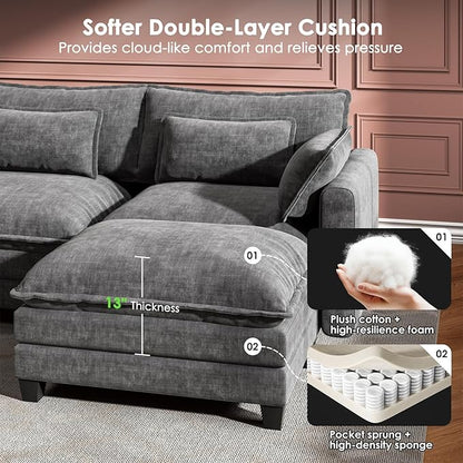 Marsail Modular Sectional Sofa 110.6" U-Shaped Modern Comfy Cloud Couch, 5-Seat Chenille Deep Seat Sofa with Throw Pillow & Movable Ottoman for Living Room, Bedroom and Apartment, Charcoal Gray
