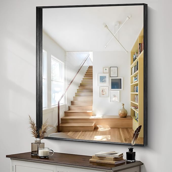 CIRCUMI Black Bathroom Mirror, Brushed Finish, Tempered Glass, Large Mirror