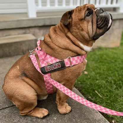 Adjustable Dog Harness– No Pull, No Choke – for English Bulldogs, French Bulldogs, Pugs & Broad-Chested Breeds – Easy, Safe Walks (Pink, Checker XL)