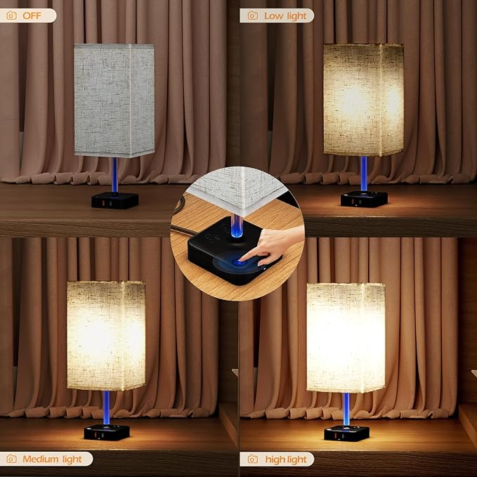 COZOO 3 Way Dimmable Touch Bedside Table Lamp with 3 USB Charging Ports 2 Outlets Power Strip,Black Charger Base White Fabric Shade,LED Desk Night Light for Bedroom/Nightstand/Living Room/College Dorm