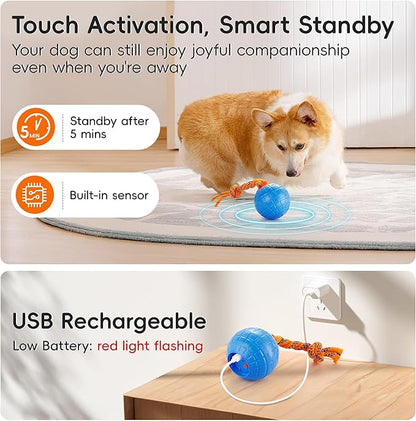 Potaroma Interactive Dog Ball Toys Touch Activated, Rechargeable Animal Sound Dog Toy, Durable Moving Ball for Pup with Chewing Rope for Dogs Puppy, Blue