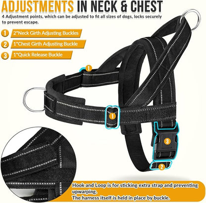SlowTon No Pull Dog Harness with Front Clip - Heavy Duty, Soft Padded | Neck & Chest Adjustable, Tactical Pet Vest and Leash Set for Large Medium Sized Dogs, for Easy Walk & Training, Black M
