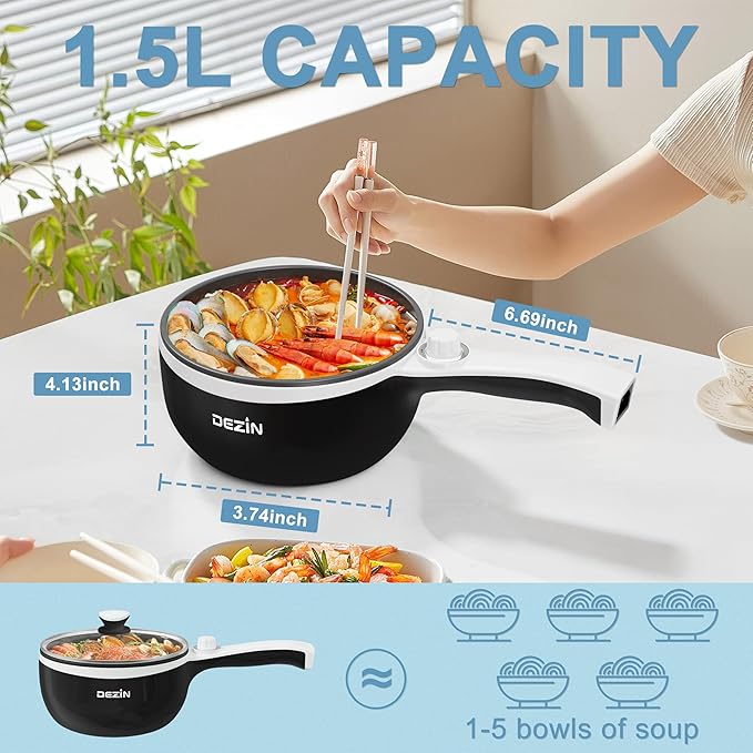 Dezin Hot Pot Electric Upgraded, Non-Stick Sauté Pan, Rapid Noodles Electric Pot