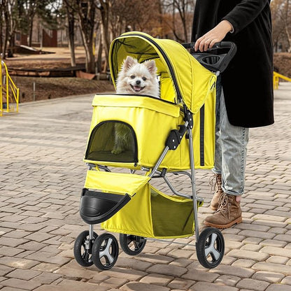 MoNiBloom Foldable Pet Stroller with Waterproof Cover, 3-Wheels Dog Strolling Cart for Small/Medium Dogs and Cats with Storage Basket and Cup Holder, Breathable and Visible Mesh for All-Season, Yellow