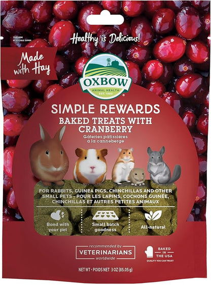 Oxbow Simple Rewards Baked Cranberry Treats, Rabbit & Guinea Pig Treats Made with Timothy Hay, Healthy Guinea Pig, Hamster & Bunny Snack, Timothy for Rabbit, Made in USA, 3 oz Bag