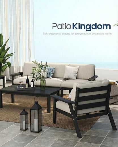 Patio Kingdom 7 Piece Patio Furniture Set, HDPE Outdoor Sectional with Beige Washable Thick Cushions, Coffee Table & Side Table, Patio Conversation Sets for Lawn, Garden, Porch, Balcony (Black Frame)