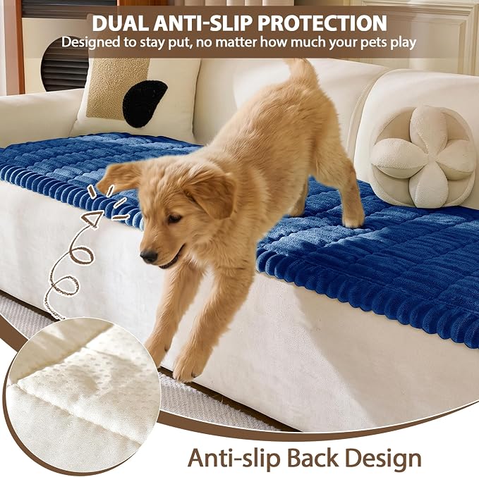 FUANGUI Waterproof Couch Cover Sofa Cover for Dogs and Pets Sofa Protector | Non-Slip Washable Fuzzy Soft Cat Bed Sofa Slipcover for 2-3 Cushion Couch Sofa Pet Friendly, Navy Blue, 27.6" x 94.5", 1 pcs