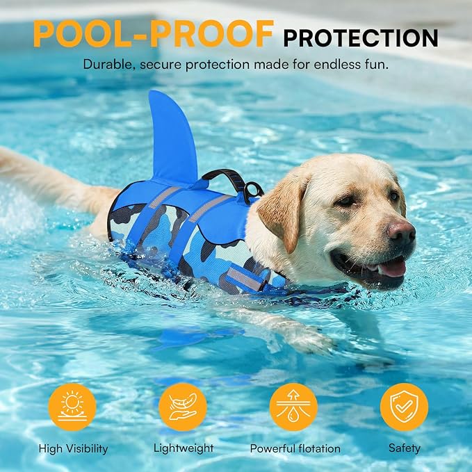 Dog Life Jacket Ripstop Dog Shark Safety Vest Adjustable Preserver with High Buoyancy and Durable Rescue Handle for Small,Medium,Large Dogs, Blue Camouflage Medium