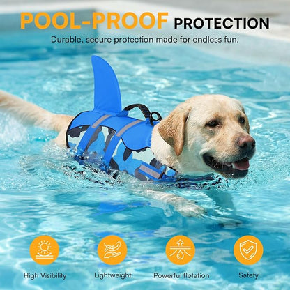 Dog Life Jacket Ripstop Dog Shark Safety Vest Adjustable Preserver with High Buoyancy and Durable Rescue Handle for Small,Medium,Large Dogs, Blue Camouflage Medium