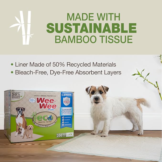 Four Paws Wee-Wee Superior Performance Eco Bamboo Dog Pee Pads, 14 Count | Earth friendly, bleach-free, dye-free, dog & puppy potty training pads, leak-proof, 24-hour protection pee pads, 22" x 23"