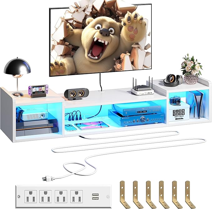 55.1"W Floating TV Stand with LED Lights & Power Outlets