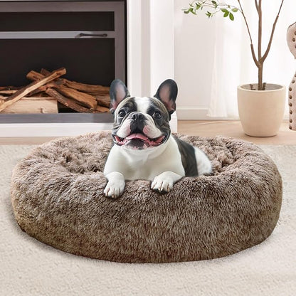 JOLLYVOGUE Calming Dog Bed for Small Dogs - 23 inches Donut Washable Small Dog Bed for Kittens & Puppies, Anti-Slip Round Fluffy Plush Faux Fur Cat Beds (Fits up to 25 lbs Pets, Smoke Brown)