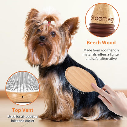 Dog Brush for Long Haired Dogs, 27mm Extra Long Pin Brush for Grooming, Shedding - Beech Wood Material, Non-Slip Rubber Handle, Round-Tipped Pins