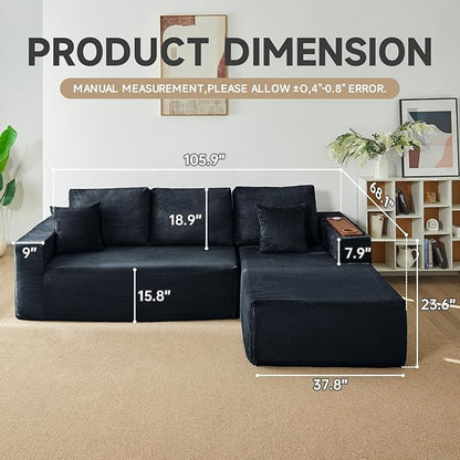 Modular Sectional Sofa Cloud Couch with Multi-Functional Armrests, Boneless Plush L-Shape Living Room Couch with Deep Seat, Fluffy Comfy Sleeper Sofa Easy Assembly (Black, Left Chaise)