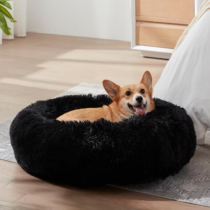 Western Home Calming Donut Small Dog Cat Bed Washable Puppy Bed,24" Black | Fluffy Faux Fur Round Cuddler,Anti-Anxiety,Anti-Slip Bottom,Pet Beds for Puppy&Small Dogs&Large Cat,Up to 25 LBS