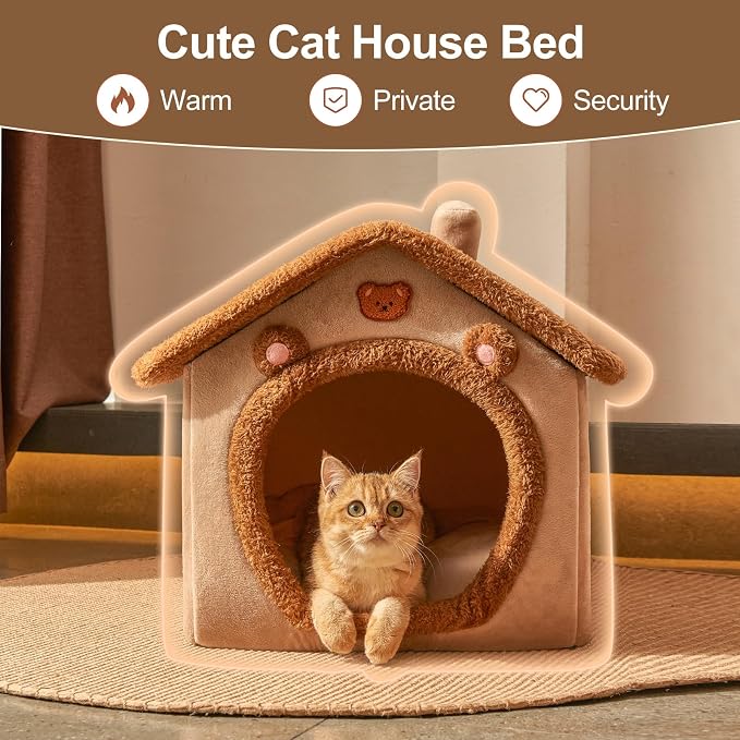 Cute Cat Beds for Indoor Cats,Foldable Cat House with Non-Slip Bottom,Brown | S Size Kitten Bed for 0-6 Lb Dogs and 0-8 Lb Cats,Cat Nest Puppy Cave,Soft Cozy Dog Cave Bed