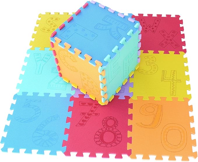 qqpp EVA 18 Tiles Baby Play Mat for Playing, Interlocking Foam Floor Mats for Tummy Time & Crawling, Puzzle Flooring Tiles with Alphabet & Numbers Laser Pattern for Kids. QL-99(BEGHIK) b18N