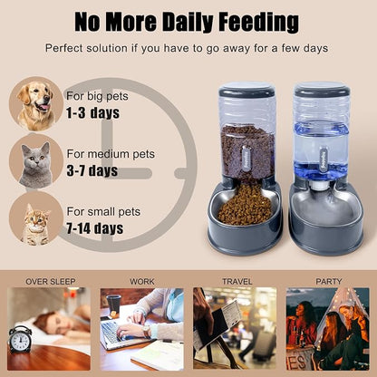 Stainless Steel Automatic Pet Feeder for Small&Medium Pets Automatic Food Feeder and Waterer Stainless Steel Bowls Set 3.8 L, Travel Supply Feeder and Water Dispenser for Dogs Cats Pets Animals