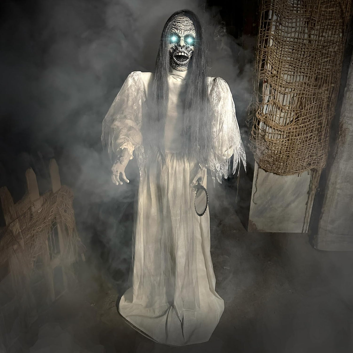 Haunted Hill Farm Lifesize Scary Haunted Woman Halloween Prop with Touch Activated Lights and Sound, Battery-Operated Indoor or Covered Outdoor Halloween Decoration