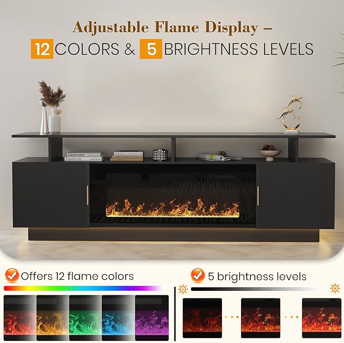 70” Fluted TV Stand with 36” Electric Fireplace, 2 Tier TV Console Cabinet with