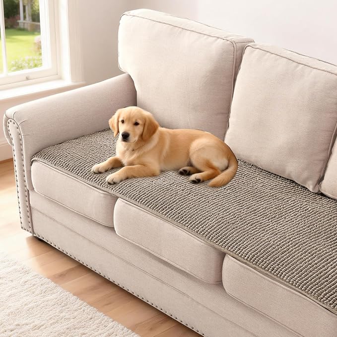 H.VERSAILTEX Plush Chenille Couch Cover for 3 Cushion Couch Anti Slip Washable Sofa Slipcovers Soft and Durable Furniture Protector for Dogs Cats Kids (27.5" x 82", Taupe)