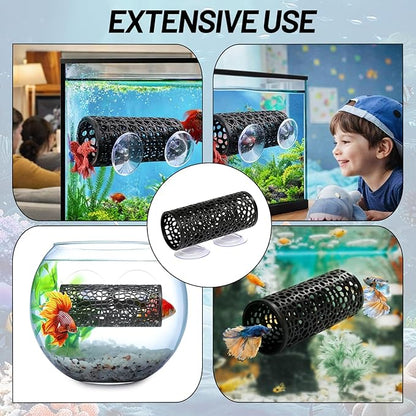 Betta Fish Toys,2PCS Black Betta Fish Tunnel,Aquarium Decor Safe for Smallfish Shrimp, Tube Shelter with Suction Cups for Small Fish