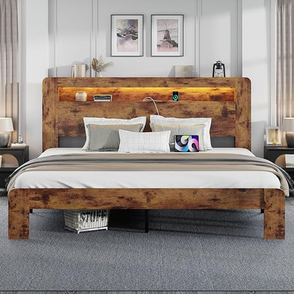 King Size Wooden Bed Frame with Bookcace Storage Headboard, Rustic Farmhouse Bedframe with LED Lights and Charging Station, Sturdy and Stable, Slat Support, No Box Spring Required (Brown, King)