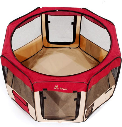 Pawer 45”×24” 8-Panel Foldable Pet Playpen, Burgundy+Beige, Personalize Embroidery Extra Fabric Piece Available, for Cat/Dog/Puppy, 600D Oxford Cloth Portable Indoor & Outdoor Kennel with Carry Bag
