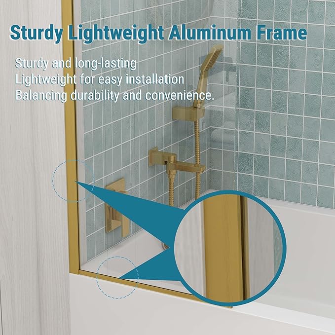 Sunrosa 24"×60" Bathtub Glass Panel, 8mm Thick Shower Screen, Brushed Gold