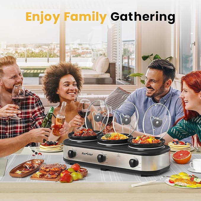 Sunvivi Triple Slow Cooker, Buffet Server and Food Warmer, Small Mini Pot