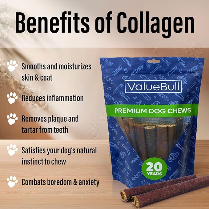 ValueBull Collagen Sticks for Dogs, 6 Inch Medium Chews, Natural Long-Lasting Dog Treats, 100 Count Bulk Pack - Supports Joints, Skin & Coat with Chondroitin & Glucosamine