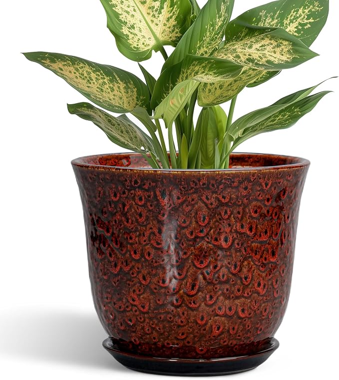 Ceramic Plant Pots - 5.6 Inch Plant Pot Indoor Outdoor, Small Planter with Drainage Hole and Saucer, Round Planter, Orchid Succulent Pots, Garden Room Decor, Gardening Gifts for Women, Red