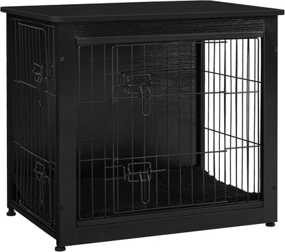 DWANTON Dog Crate Furniture with Cushion, Wooden Kennel Table with Double Doors, Indoor Dog House, Small/Medium/Large Size, 27.2" L, Black