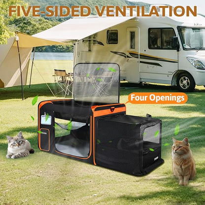 Petskd Side Expandable Extra Large Cat Carrier with Litter Box Area for Long Distance Car Travel,24"x17"x17" Collapsible Soft-Sided Large Pet Carrier with Zipper Locks for 2 Cats Under 55LBS(Black)