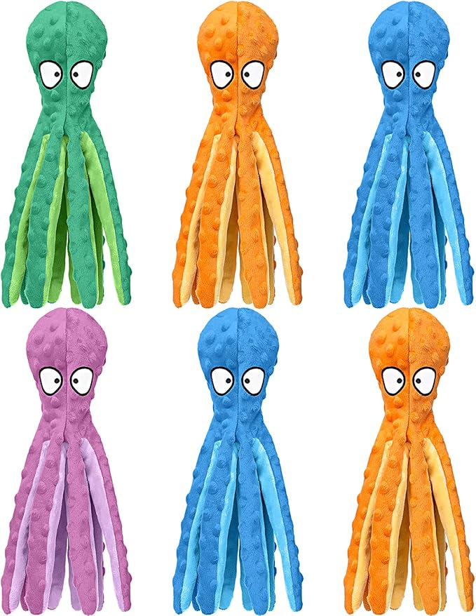 Vinsot 6 Pack Dog Squeaky Toys Octopus No Stuffing Crinkle Plush Dog Toys Durable Interactive Cute Chew for Puppy (Colorful)