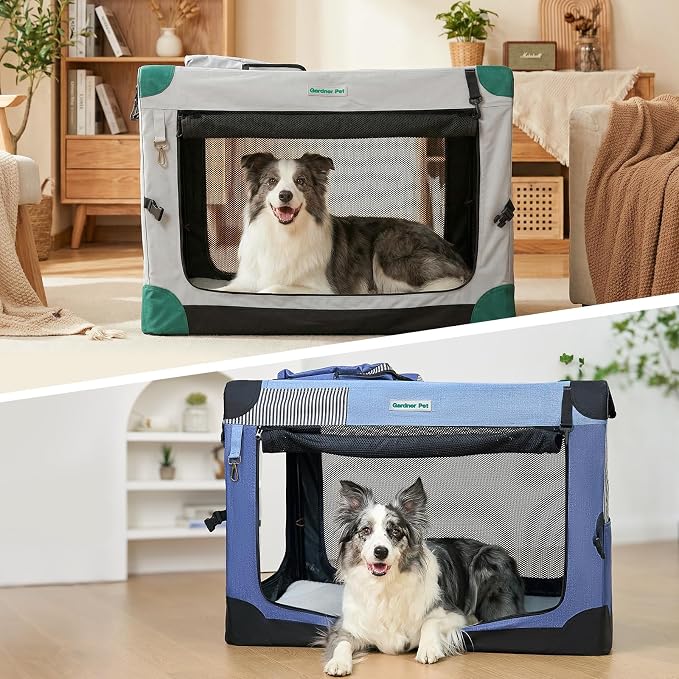 Gardner Pet Soft Collapsible Dog Crate - 30 Inch Portable Travel Dog Crate for Small/Medium Dogs Indoor & Outdoor, 3-Door Pet Crate with Durable Mesh Windows & Storage Bag, Blue