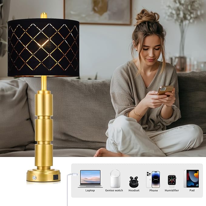 Set of 2 Modern Table Lamps for Living Room Bedroom,29" Tall Bedside Lamp with 2 USB Port,Gold Metal Touch Nightstand Lamp with Black Grid Shade for End Table Entryway,Gold