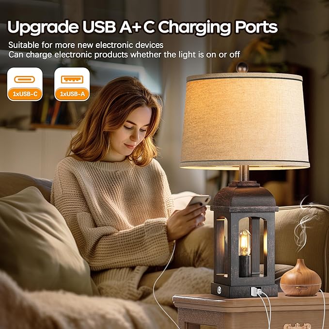 QiMH Table Lamp for Living Room, Farmhouse Lamps with USB A+C and Nightlight, 26" Rustic Bedside Lamps with 3-Way Dimmable Touch Control, Nightstand Lamp for Bedroom, Bronze, 1 Pack