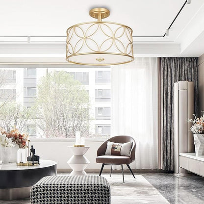 3-Light Semi Flush Mount Ceiling Light, 16" Drum Light with Fabric Shade, Modern Close to Ceiling Lamp for Living Room Bedroom Dining Room Kitchen Hallway Entry Foyer (Gold)