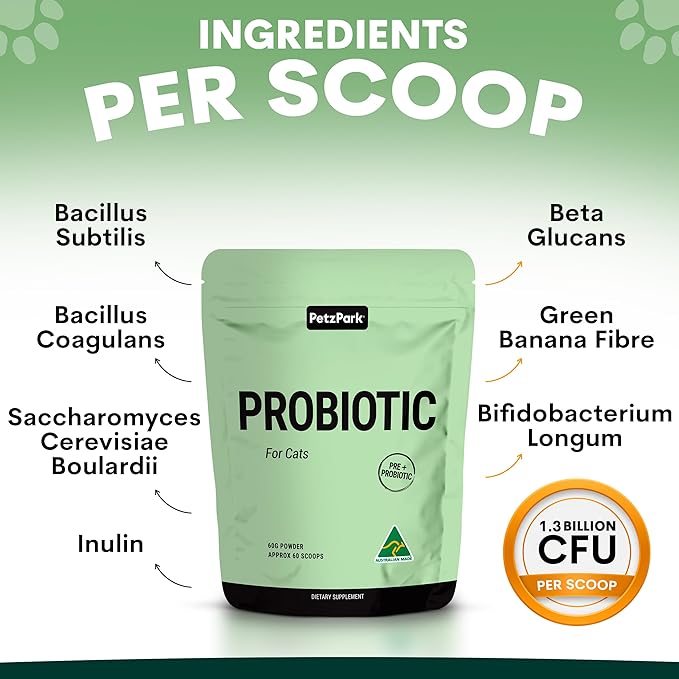 Probiotic for Cats & Kittens - Cat Probiotic Powder for Hairball Prevention, Digestive Support, Immune Health, Prebiotics, and Diarrhea Relief - Suitable for Indoor Cats & Kittens - 60 Scoops