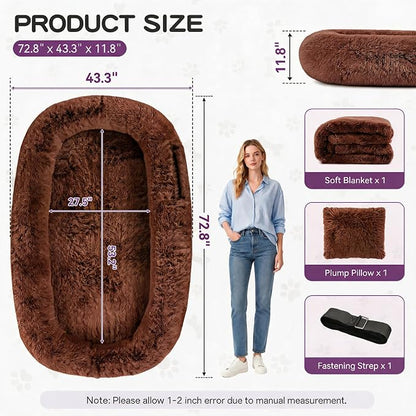 Human Dog Bed, Oversized Plush Lounger Bed with Plump Pillow and Blanket | 71" x 45" x 12" Long Plush Polyester Floor Nest for Relaxing, Napping, Reading, and Family Cuddle Time - Dark Brown