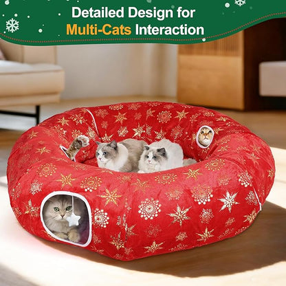 Cat Tunnel Bed for Indoor Cats, XL Christmas Tree Skirts Washable Warm Soft Indoor Cat Donut Tunnel, Multifunctional Cat Interactive Playground Toys for Felines Pet Christmas Tree Decoration